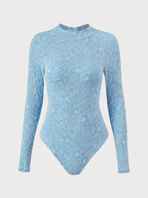 Wavvves FLORAL EMBOSSED LONG SLEEVE SURF SWIMSUIT BLUE | TROVE & TONE