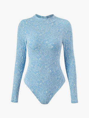Wavvves FLORAL EMBOSSED LONG SLEEVE SURF SWIMSUIT BLUE | TROVE & TONE