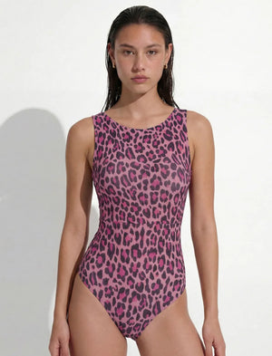 LEOPARD PRINT SLEEVELESS TWIST-KNOT OPEN-BACK ONE-PIECE SWIMSUIT