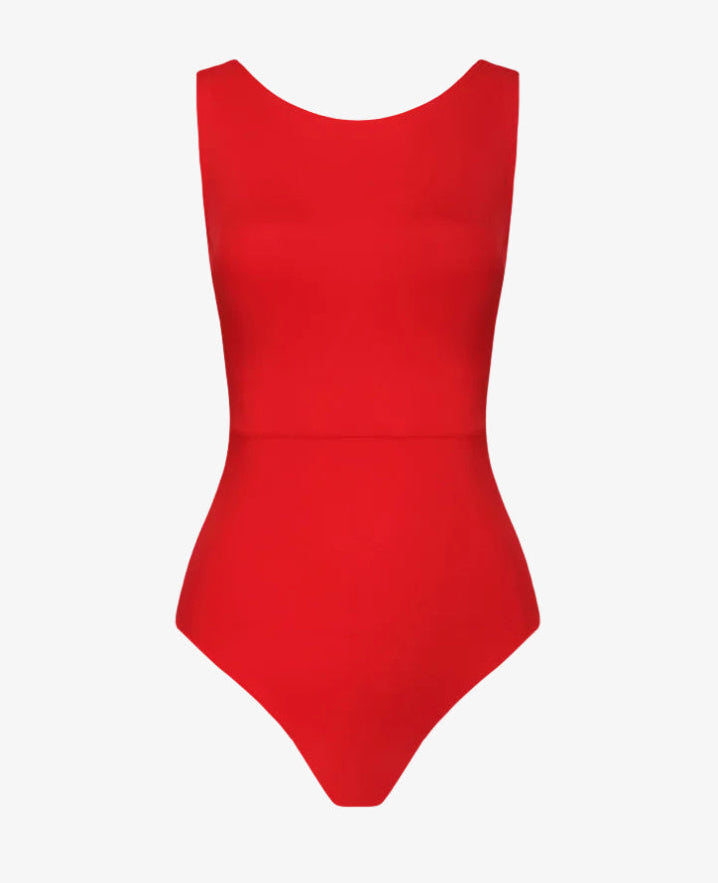 Wavvves RED SLEEVELESS TWIST-KNOT OPEN-BACK ONE-PIECE SWIMSUIT | TROVE & TONE