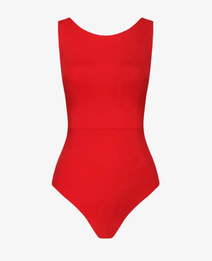 Wavvves RED SLEEVELESS TWIST-KNOT OPEN-BACK ONE-PIECE SWIMSUIT | TROVE & TONE