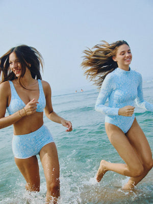 FLORAL EMBOSSED LONG SLEEVE SURF SWIMSUIT BLUE