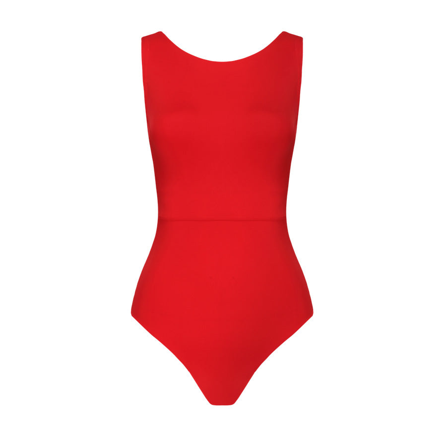Wavvves RED SLEEVELESS TWIST-KNOT OPEN-BACK ONE-PIECE SWIMSUIT  |  TROVE & TONE