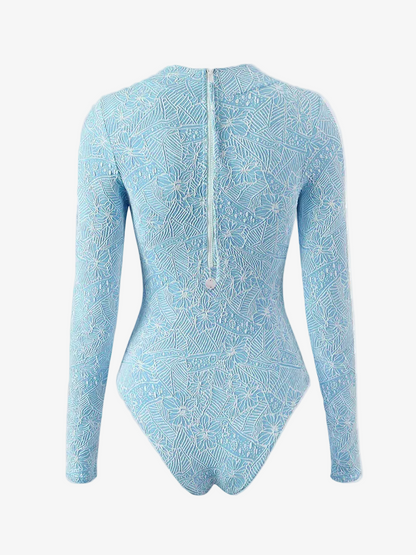 Wavvves FLORAL EMBOSSED LONG SLEEVE SURF SWIMSUIT BLUE  |  TROVE & TONE
