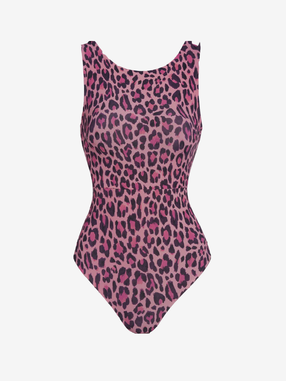 Wavvves LEOPARD PRINT SLEEVELESS TWIST-KNOT OPEN-BACK ONE-PIECE SWIMSUIT  |  TROVE & TONE